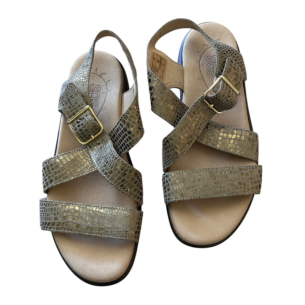 SAS Womens 7 M Laguna Olive Gold Snakeskin Leather Strappy Comfort Sandals